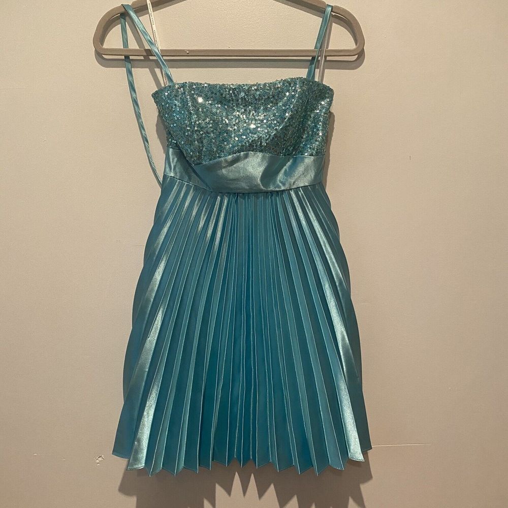 Vintage Jessica McClintock For Gunne Sax Pleated Sequins Cocktail Turquoise SZ 3